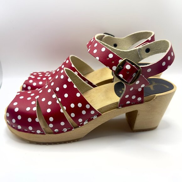 Red & White Polka Dot Wooden Clogs Heels Sandals Peep Toe Leather Womens 8.5 39 - Picture 1 of 6